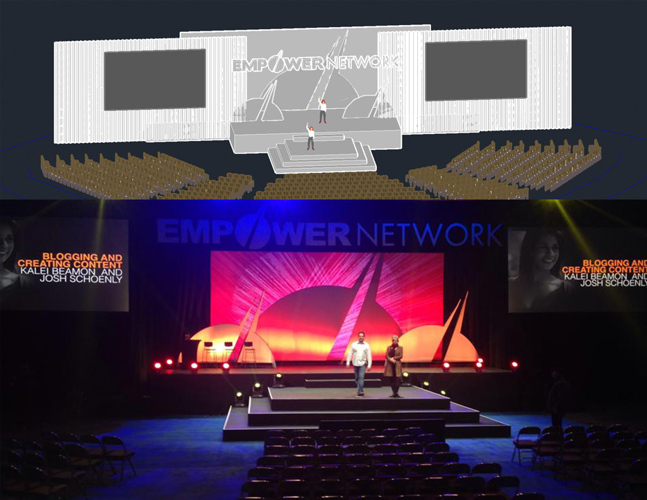 Empower Network stage: the CAD concept above and the finished stage below, showing the screen layout, scenic elements, and stepped stage